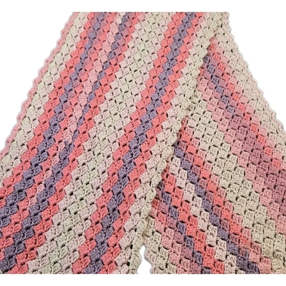 Long Handmade Crocheted Striped Design Shawl Lap Blanket Rectangular 18
